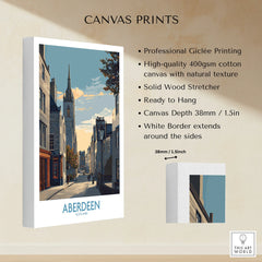 Aberdeen Scotland travel poster canvas print with city skyline, church spire, and white border, ready to hang
