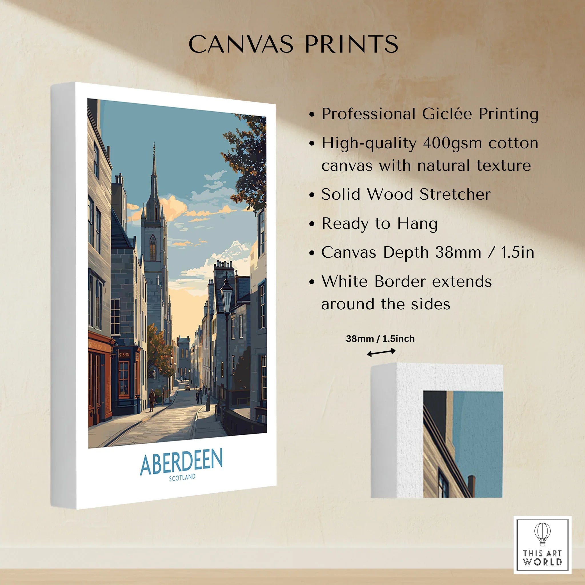 Aberdeen Scotland travel poster canvas print with city skyline, church spire, and white border, ready to hang