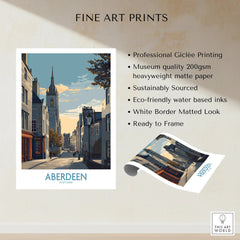 Aberdeen Scotland travel poster print with city skyline, church spire, and street scene, ready to frame