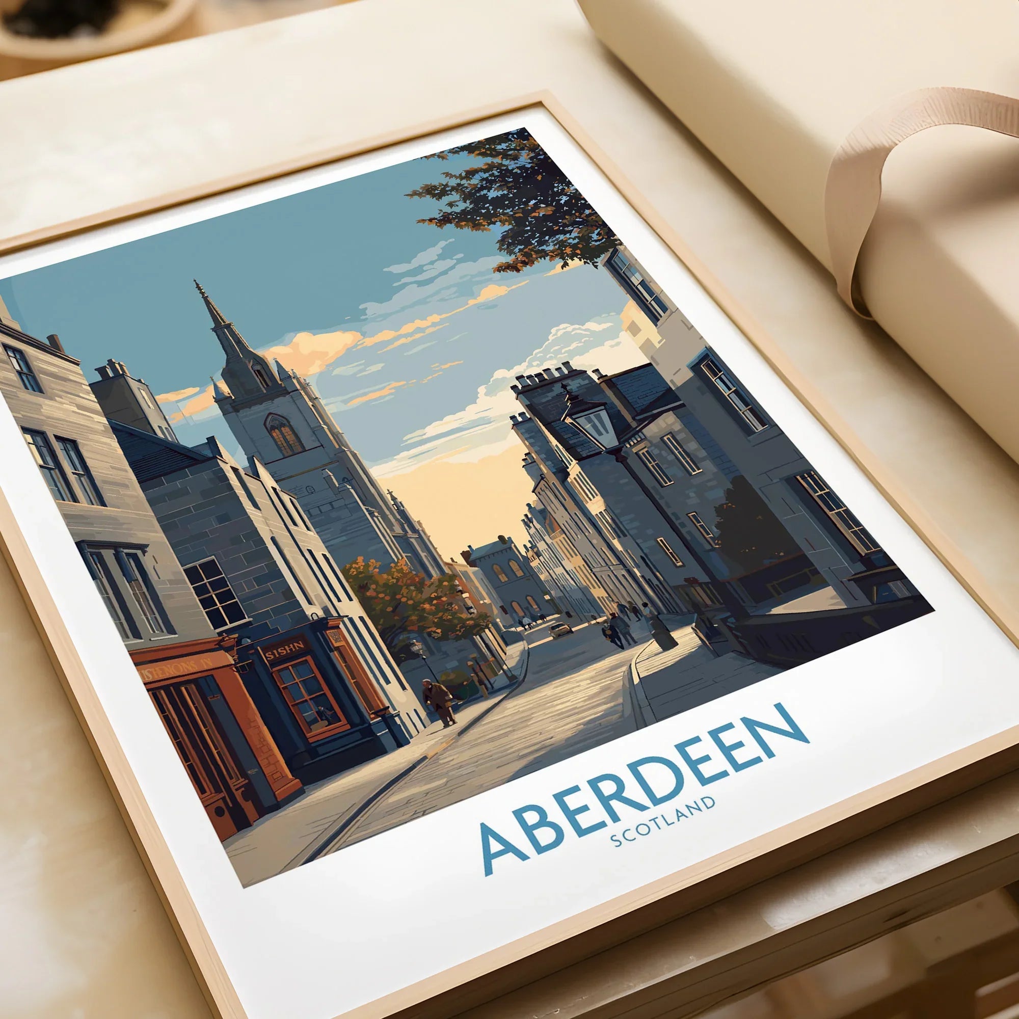 Aberdeen Scotland travel poster print with city skyline, historic buildings, and church spire, perfect wall art decor.