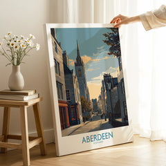 Aberdeen Scotland travel poster wall art featuring city skyline and historic streets, perfect for home decor.