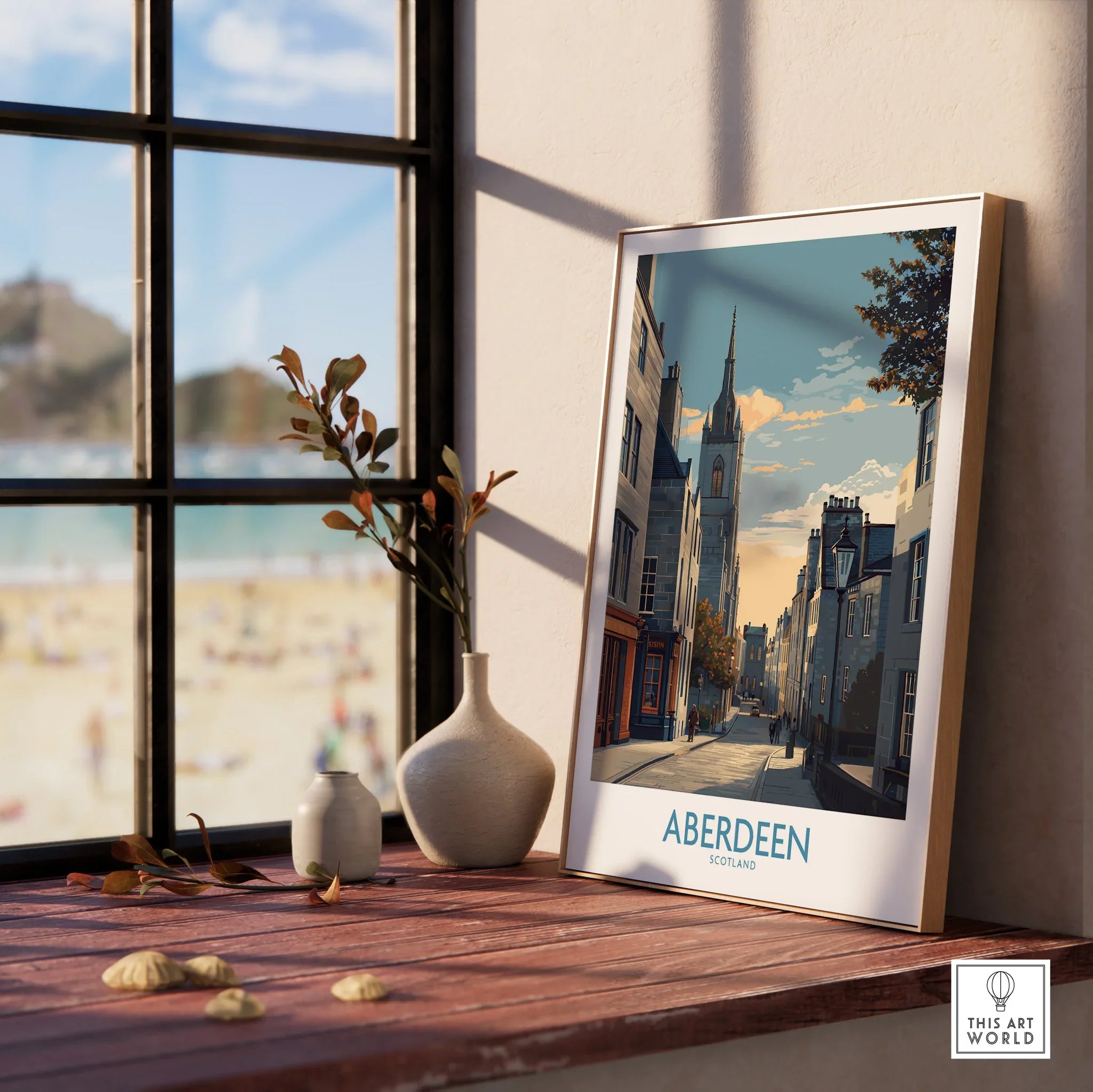 Aberdeen Scotland travel poster print with city skyline, displayed on a windowsill for home decor.