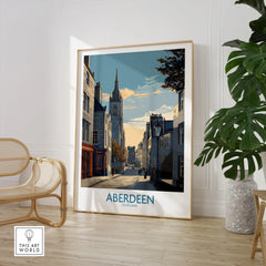 Aberdeen Scotland travel poster wall art featuring city street scene with church spire, perfect for home decor.
