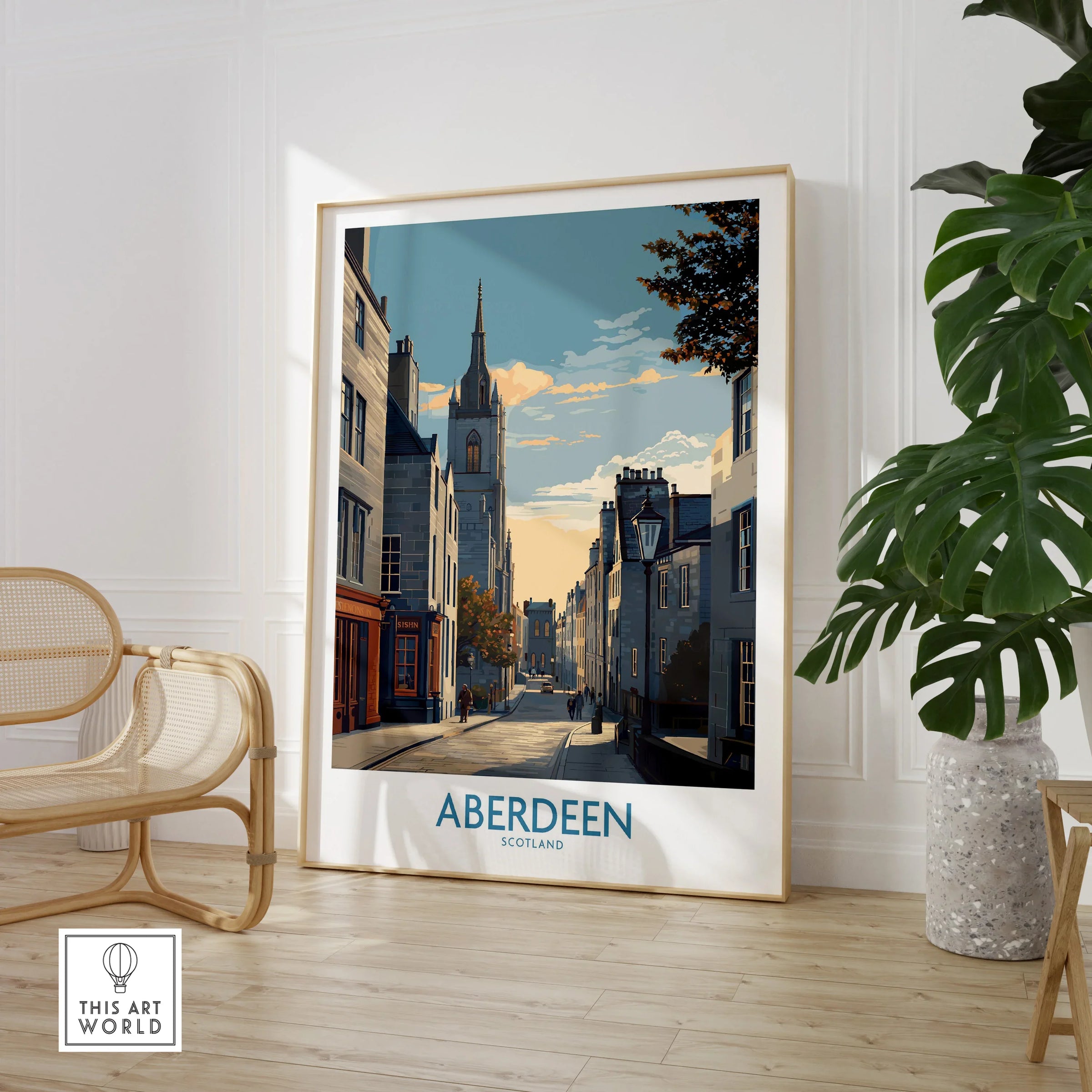Aberdeen Scotland travel poster wall art featuring city street scene with church spire, perfect for home decor.