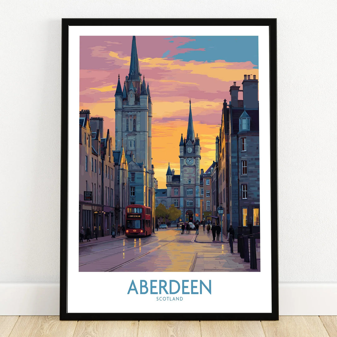 Aberdeen Scotland travel poster with city skyline, red bus, and sunset, perfect wall art for home decor