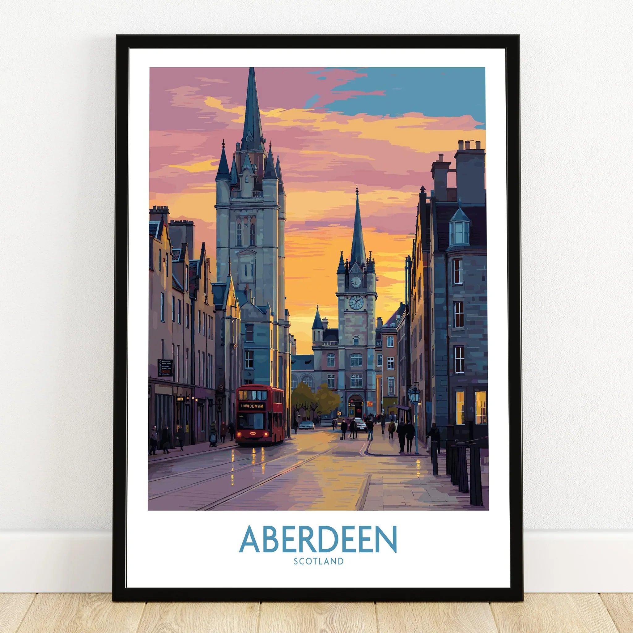 Aberdeen Scotland travel poster with city skyline, red bus, and sunset, perfect wall art for home decor