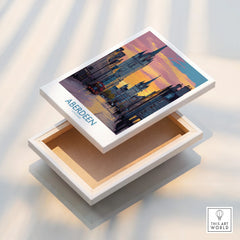 Aberdeen Scotland city skyline canvas print with sunset hues, perfect for travel poster wall art decor.