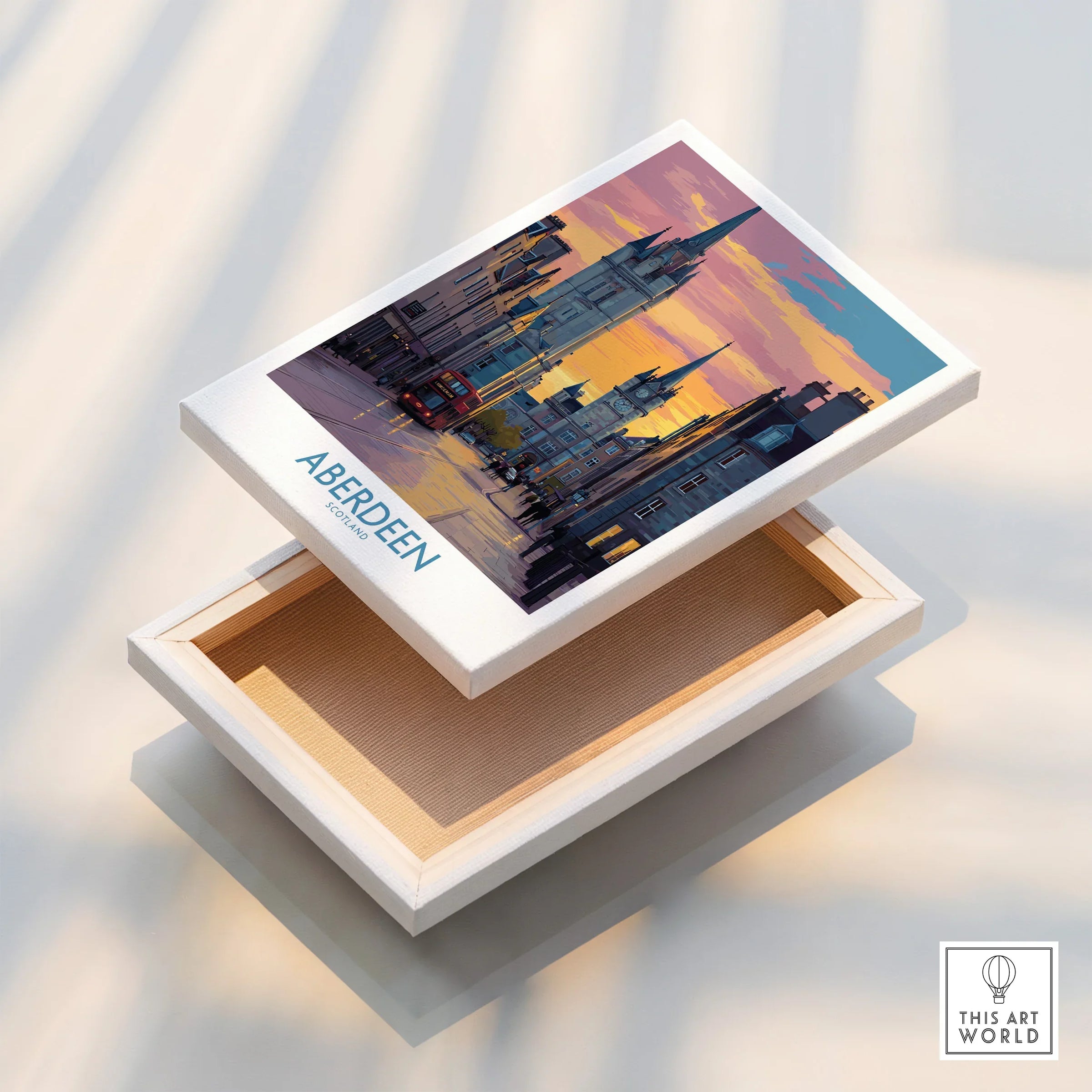 Aberdeen Scotland city skyline canvas print with sunset hues, perfect for travel poster wall art decor.