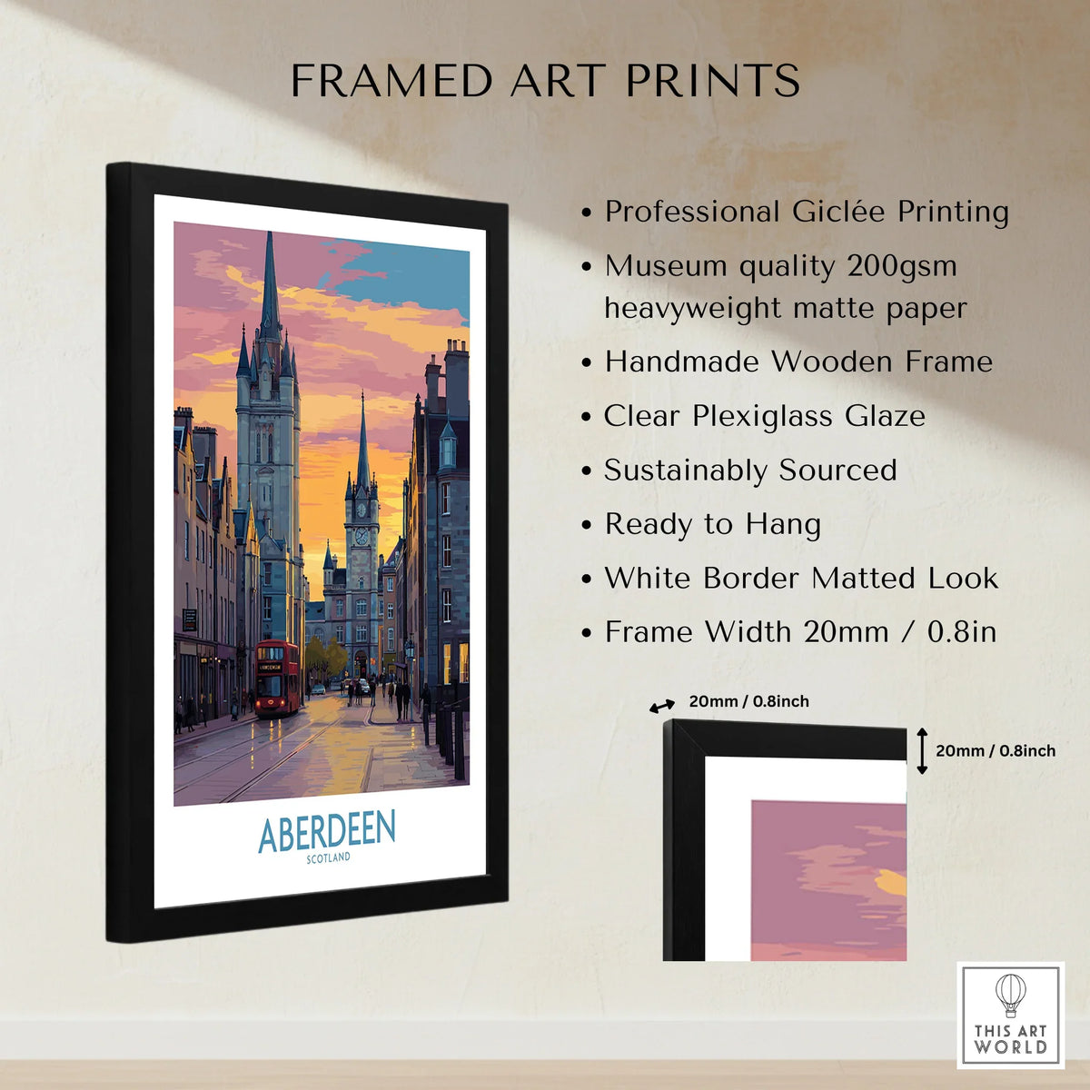 Framed Aberdeen Scotland travel poster art print with city skyline, red bus, and sunset sky