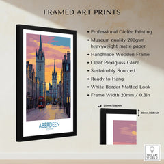 Framed Aberdeen Scotland travel poster art print with city skyline, red bus, and sunset sky