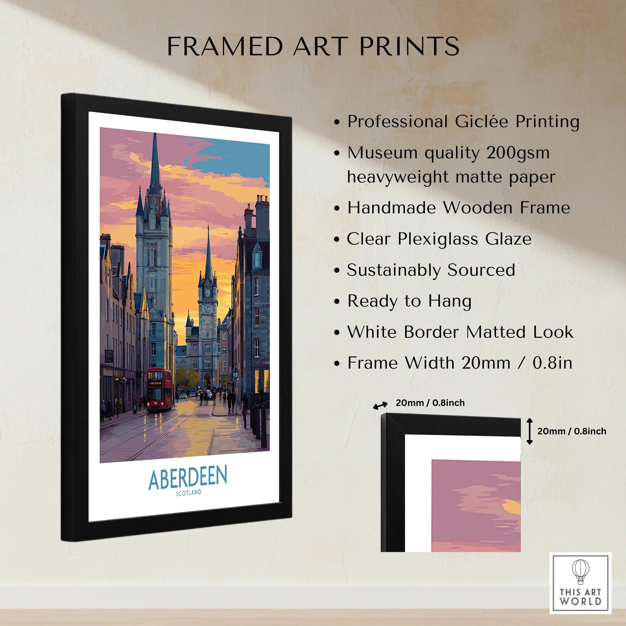 Framed Aberdeen Scotland travel poster art print with city skyline, red bus, and sunset sky
