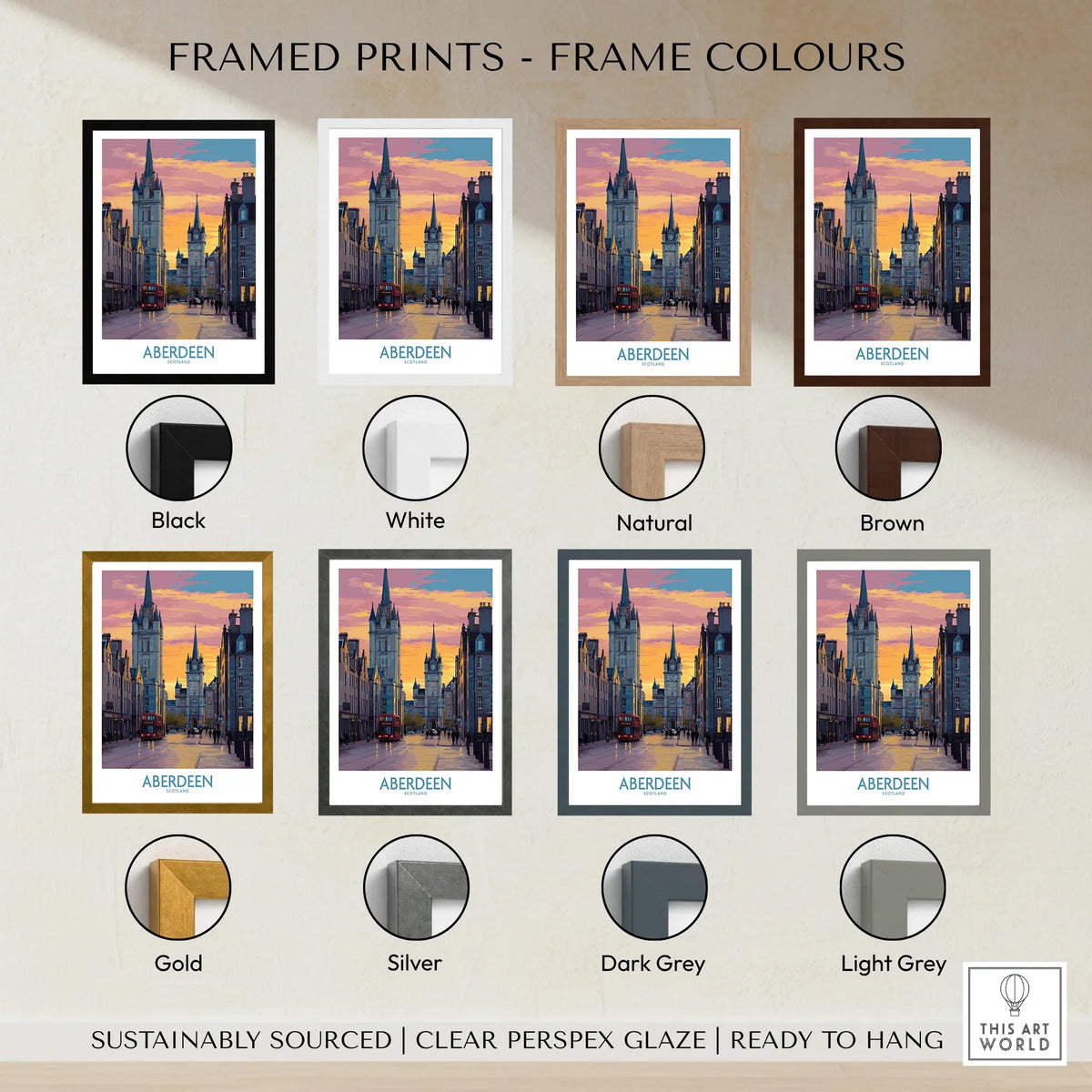 Aberdeen Scotland cityscape framed print in 8 frame colors: black, white, natural, brown, gold, silver, dark grey, light grey