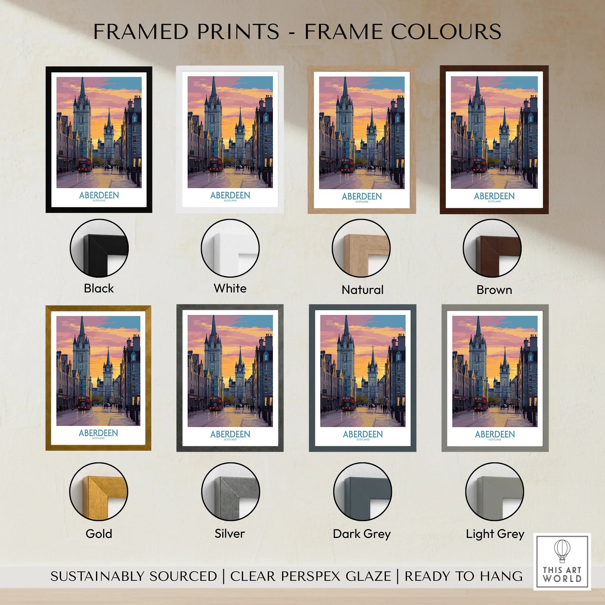 Aberdeen Scotland cityscape framed print in 8 frame colors: black, white, natural, brown, gold, silver, dark grey, light grey