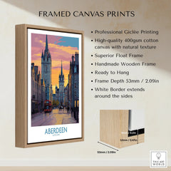 Aberdeen Scotland travel poster print in wooden float frame, city skyline art with sunset and red bus