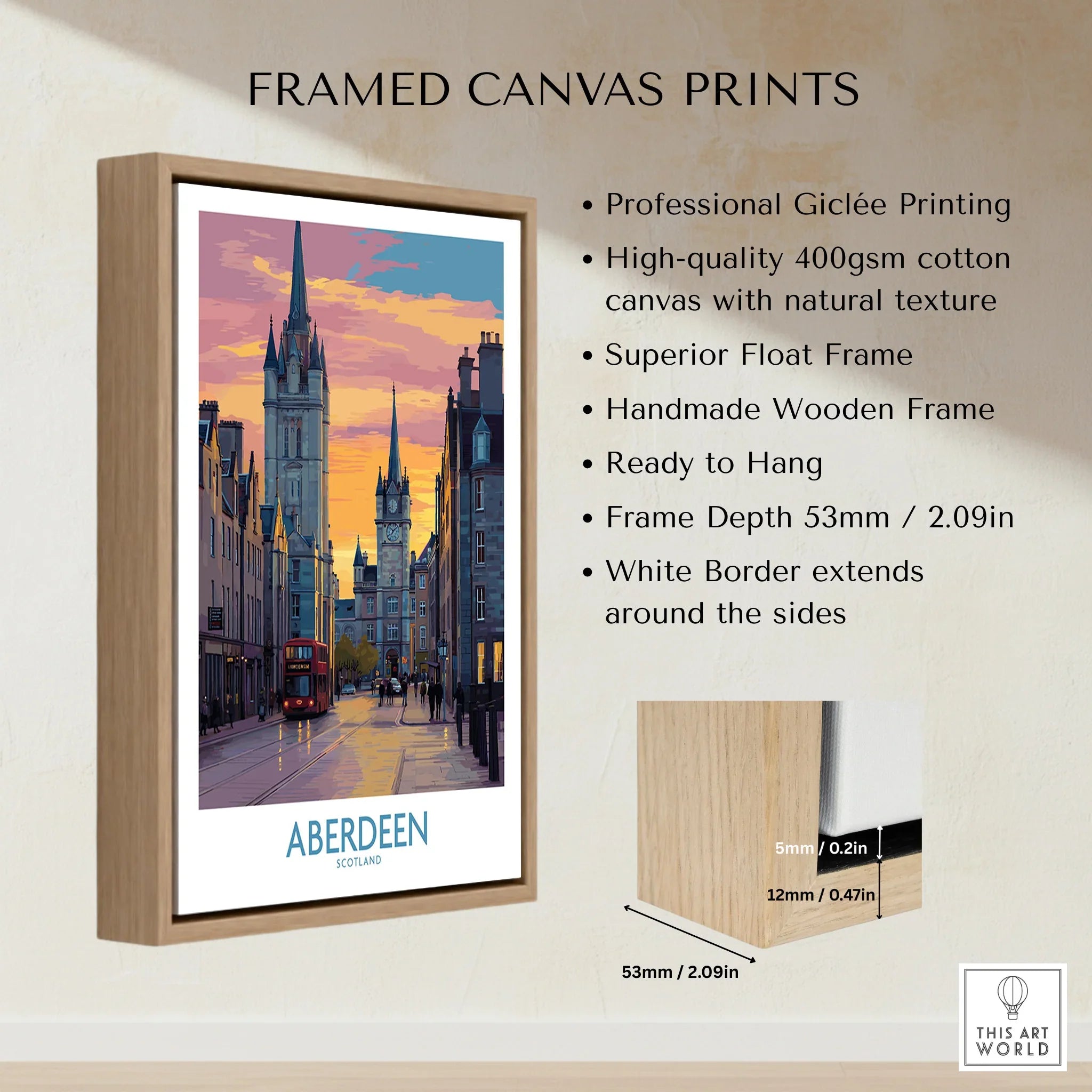 Aberdeen Scotland travel poster print in wooden float frame, city skyline art with sunset and red bus