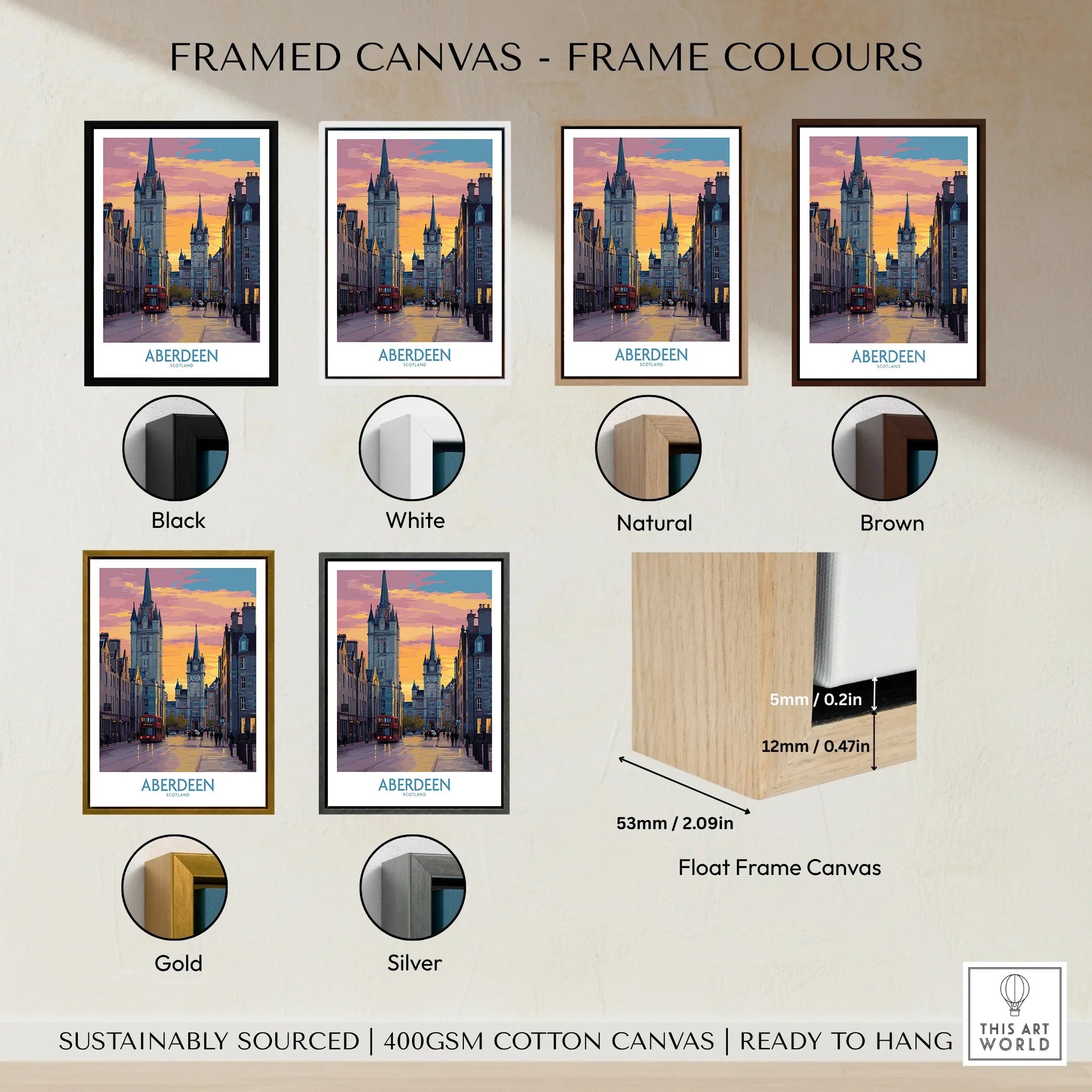 Aberdeen Scotland travel poster in framed canvas with black, white, natural, brown, gold, silver frame options