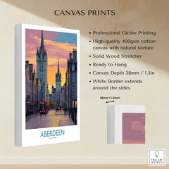 Aberdeen Scotland travel poster canvas print with city skyline, red bus, and sunset sky, ready to hang wall art