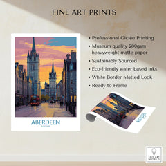 Aberdeen Scotland travel poster print with city skyline, red bus, and sunset, ready to frame wall art