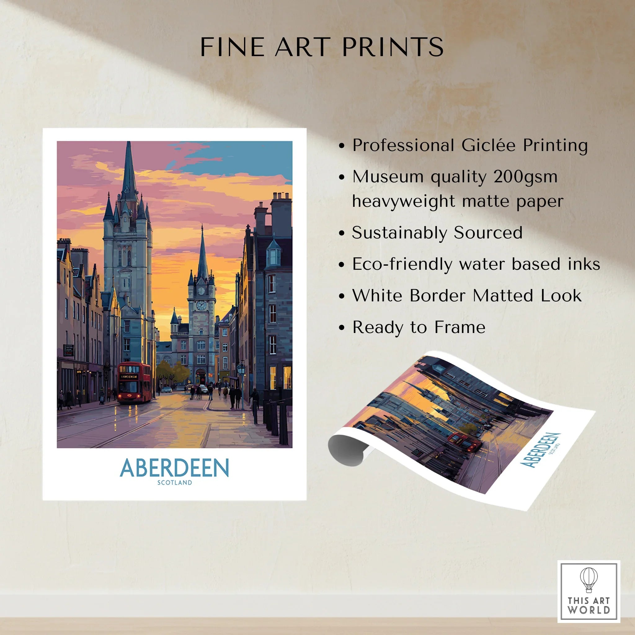 Aberdeen Scotland travel poster print with city skyline, red bus, and sunset, ready to frame wall art