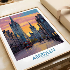 Aberdeen Scotland travel poster with city skyline, red bus, and sunset, framed wall art for home decor