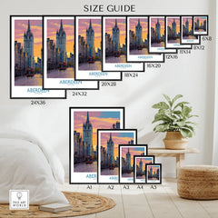 Aberdeen Scotland city skyline wall art in various sizes, perfect for home decor with travel poster style.