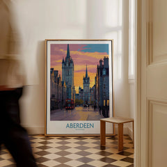 Aberdeen Scotland travel poster with city skyline, red bus, and sunset, framed wall art for home decor