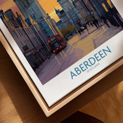 Aberdeen Scotland city skyline wall art print with red bus, perfect travel poster for home decor.