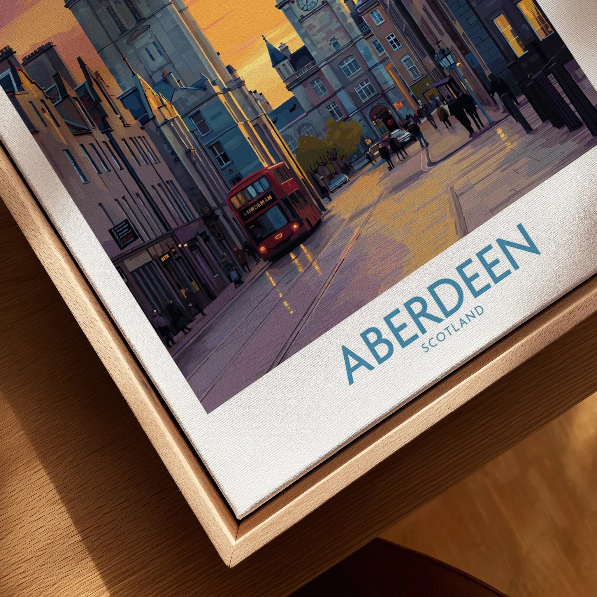 Aberdeen Scotland city skyline wall art print with red bus, perfect travel poster for home decor.