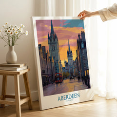 Aberdeen Scotland travel poster wall art with city skyline, red bus, and sunset, perfect for home decor
