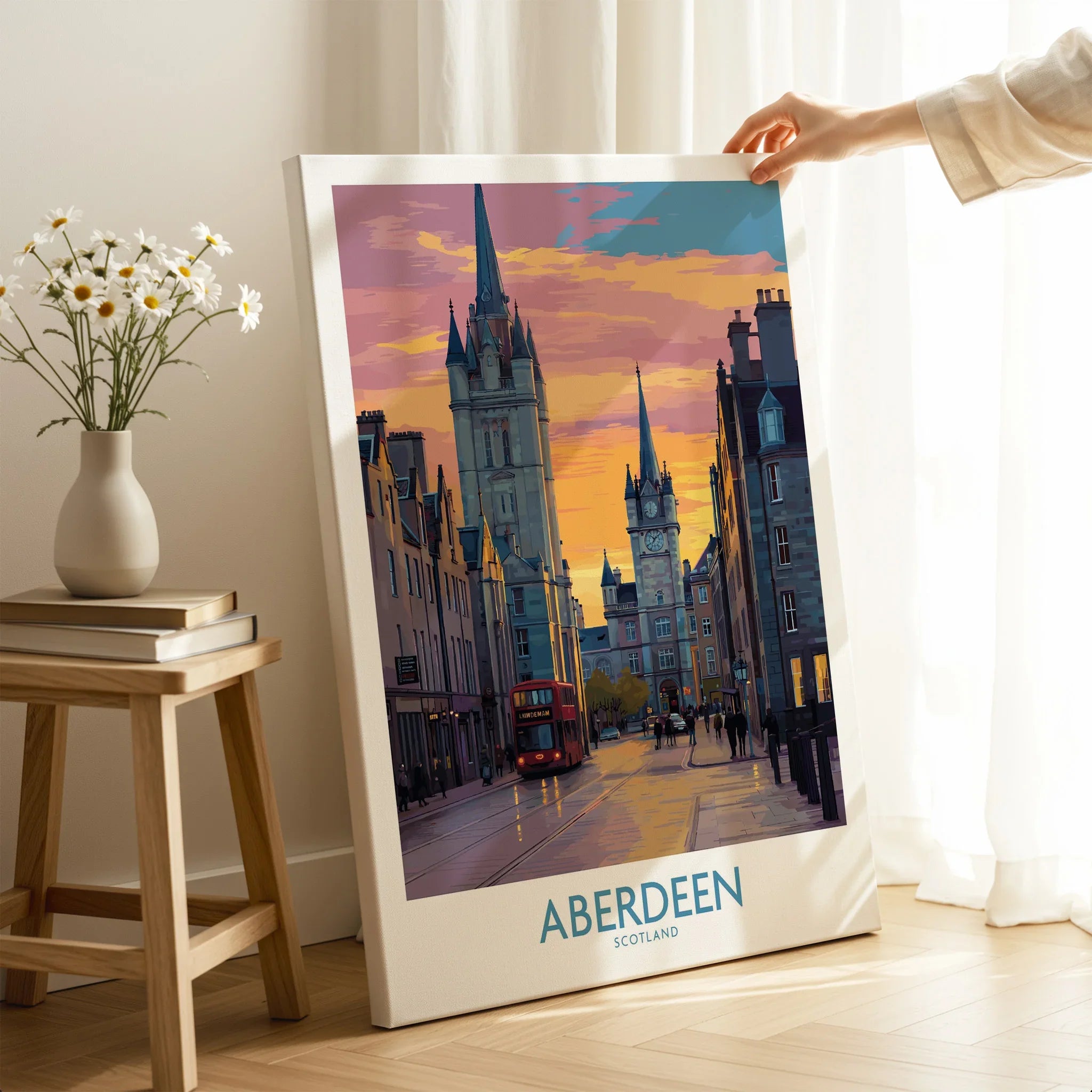 Aberdeen Scotland travel poster wall art with city skyline, red bus, and sunset, perfect for home decor