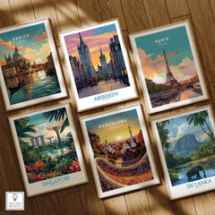 Framed travel posters of Venice, Paris, Aberdeen, Singapore, Barcelona, Sri Lanka for wall art decor