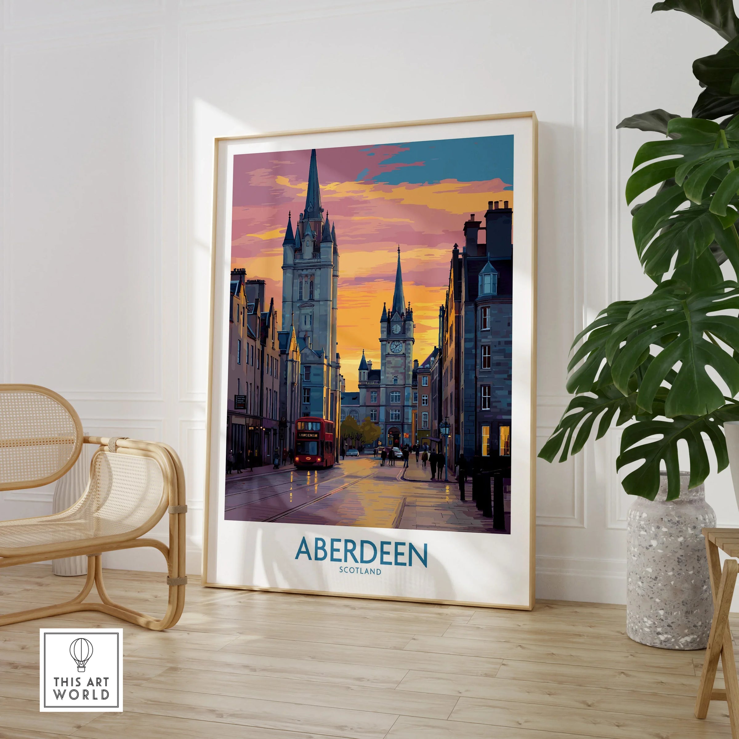 Aberdeen Scotland travel poster with city skyline, red bus, and sunset, framed wall art for home decor
