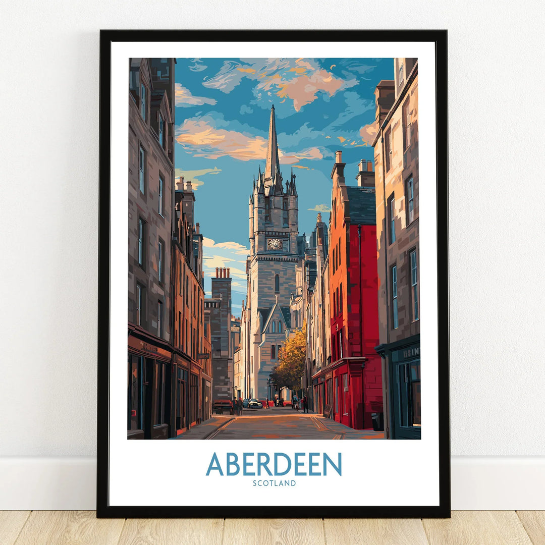 Aberdeen Scotland travel poster print with city skyline, historic church, and colorful buildings for wall art decor