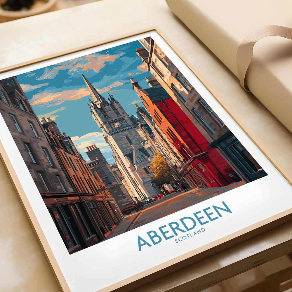 Aberdeen Scotland travel poster print with city skyline and historic architecture, perfect wall art decor
