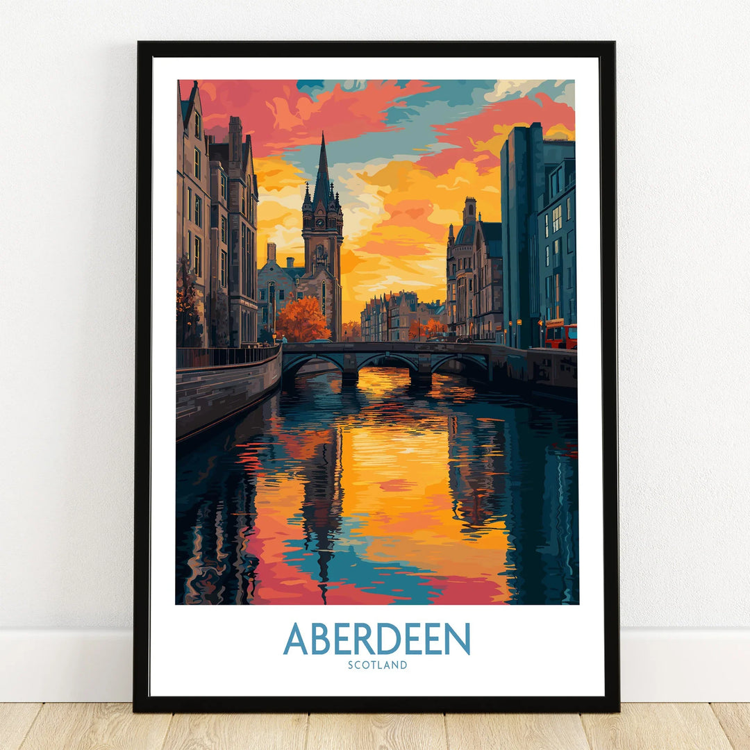 Aberdeen Scotland travel poster print with canal, bridge, and sunset skyline art for home decor