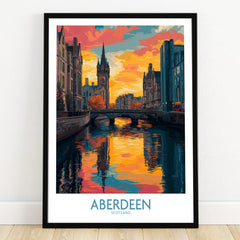 Aberdeen Scotland travel poster print with canal, bridge, and sunset skyline art for home decor