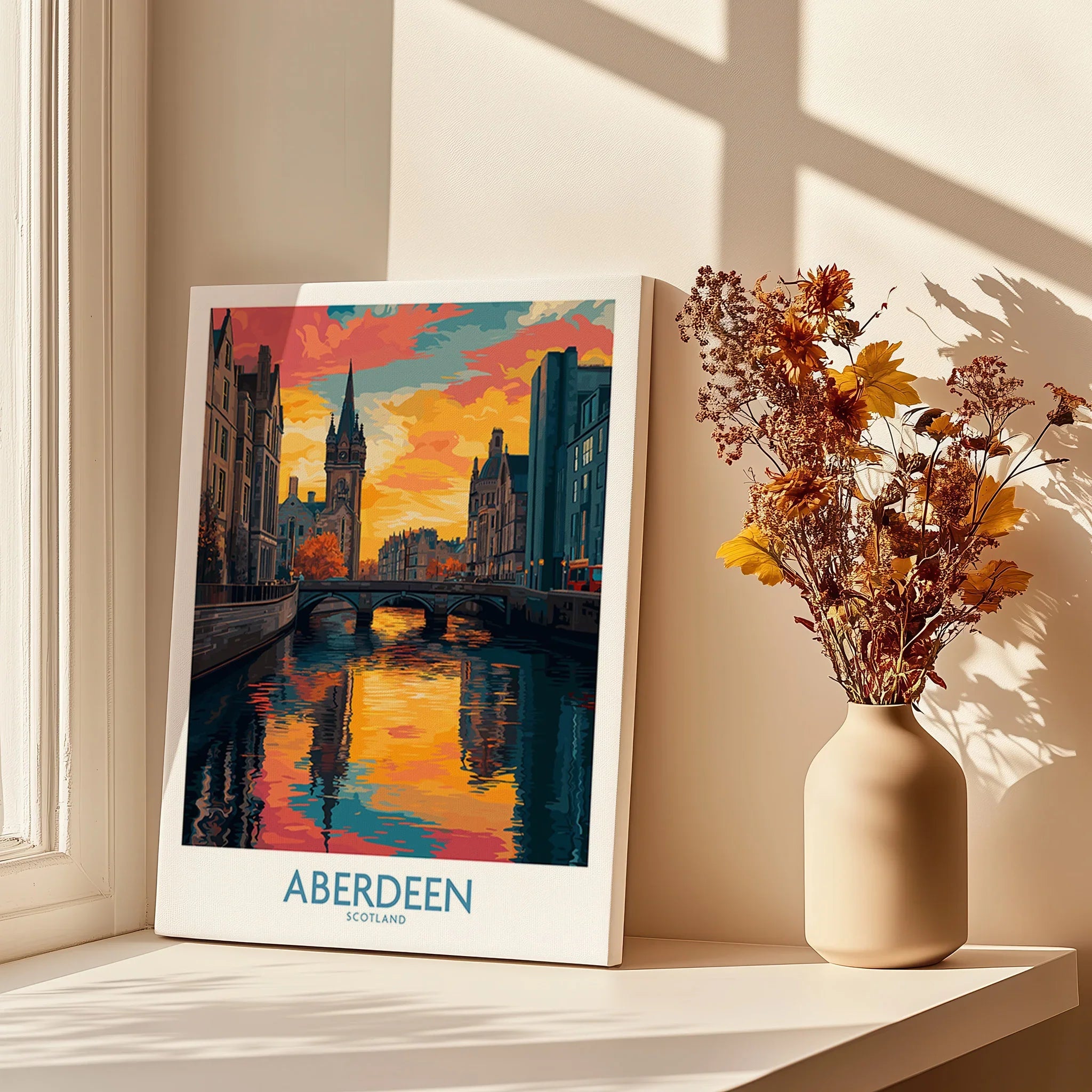 Aberdeen Scotland travel poster with vibrant sunset over canal, perfect for city skyline wall art decor