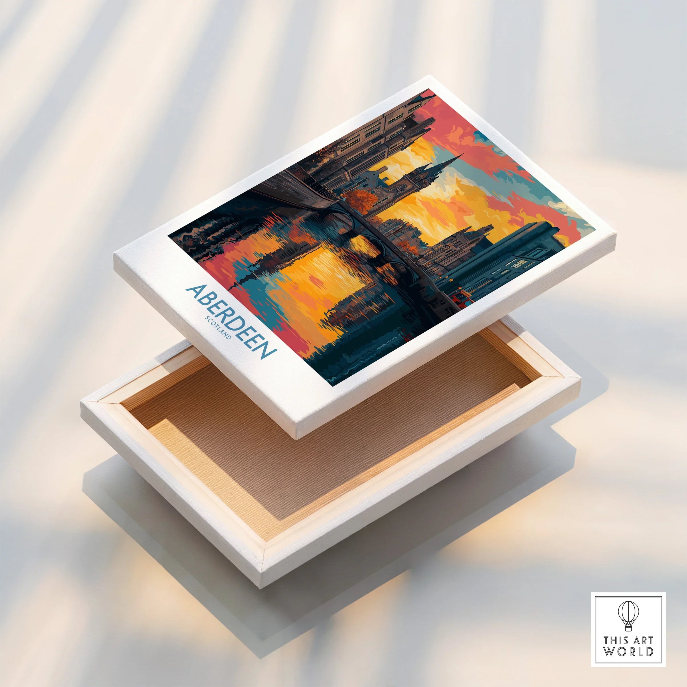 Aberdeen Scotland city skyline wall art print with vibrant sunset colors, perfect for home decor.