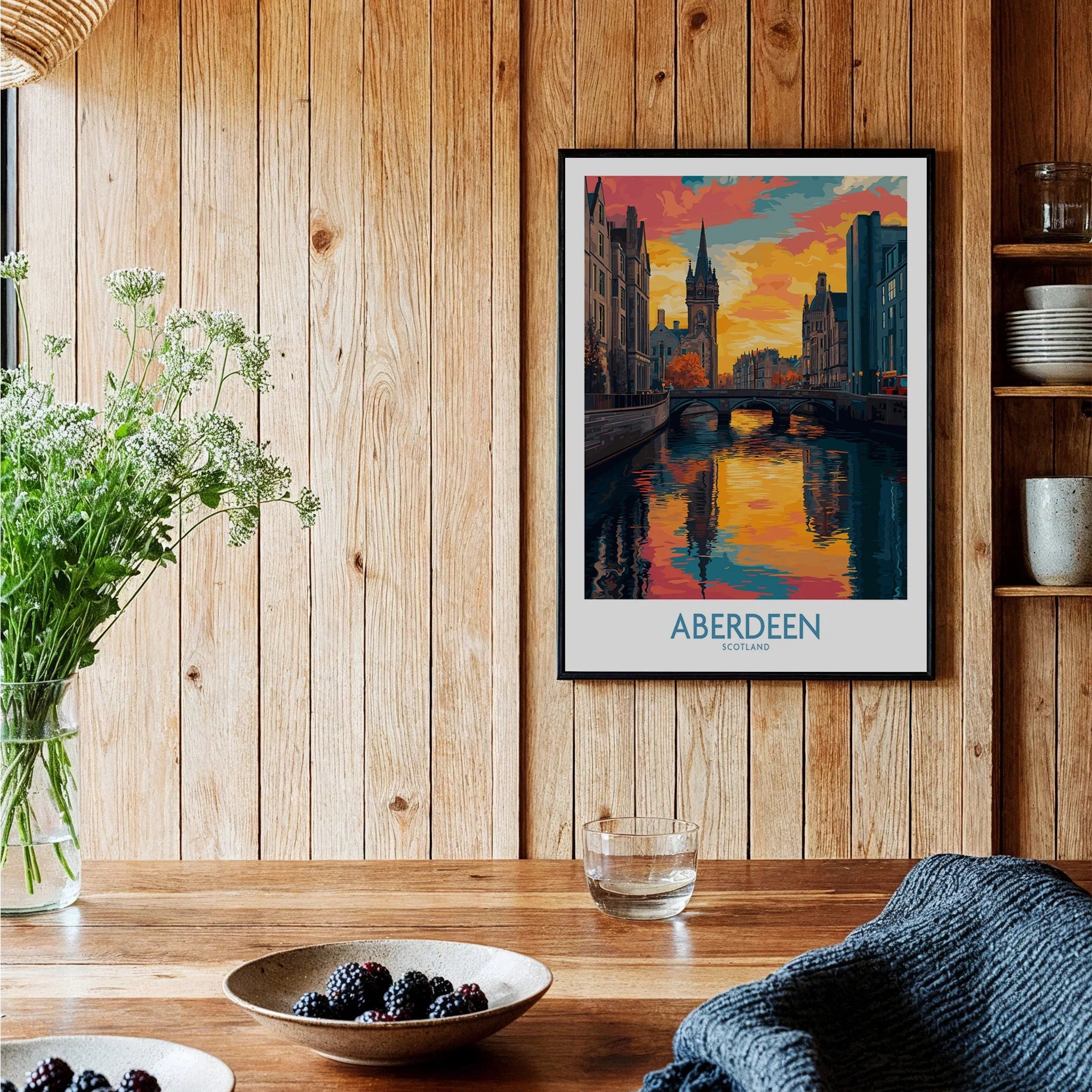 Aberdeen Scotland travel poster with canal, bridge, and sunset, framed wall art for home decor