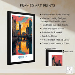Framed Aberdeen Scotland travel poster art print with canal, sunset sky, and city skyline wall decor