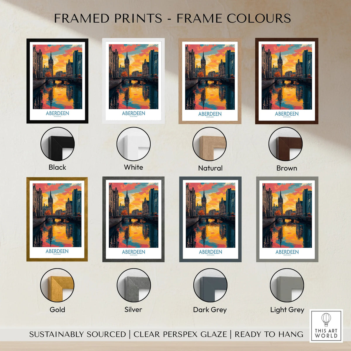 Aberdeen Scotland cityscape print in eight frame colors: black, white, natural, brown, gold, silver, dark grey, light grey
