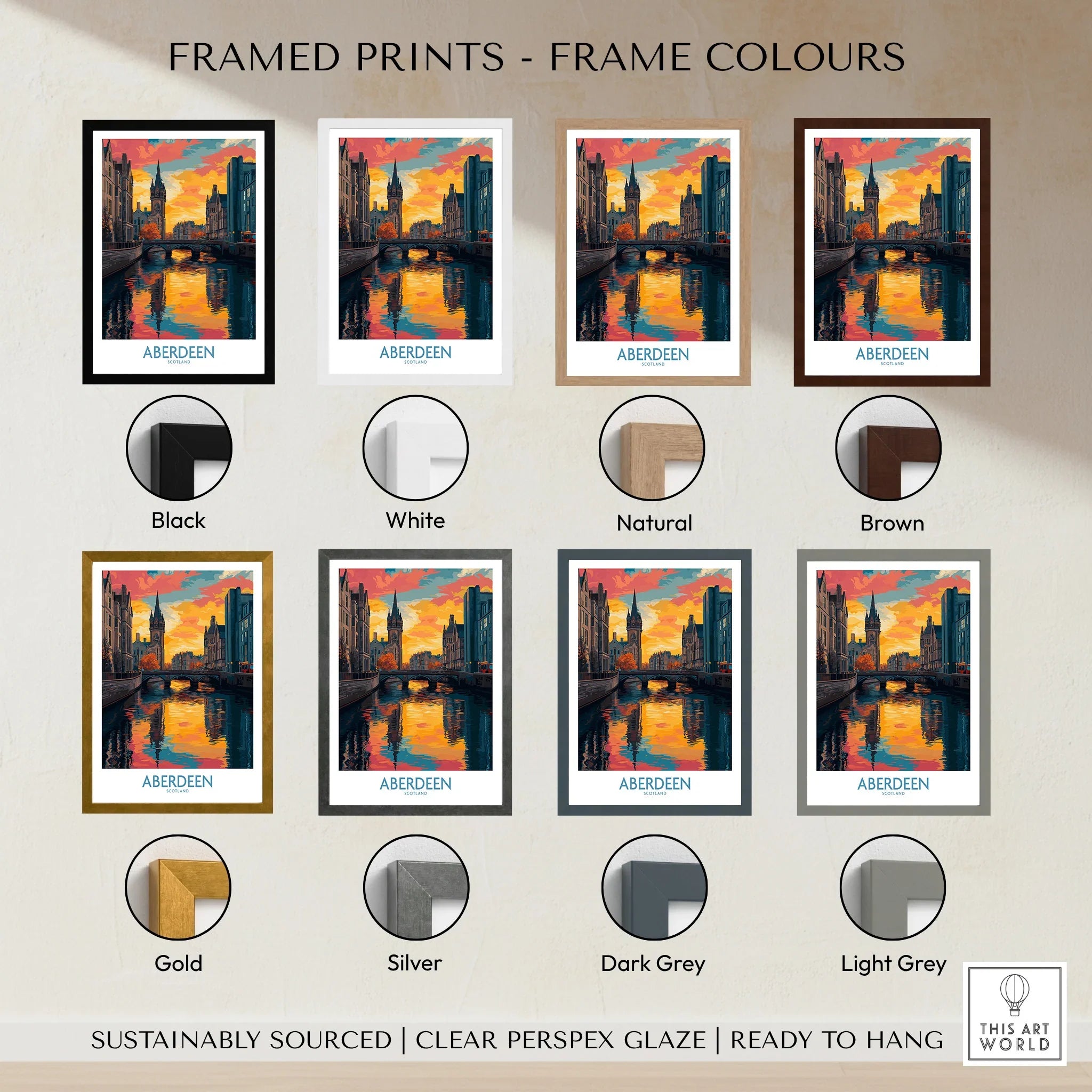 Aberdeen Scotland cityscape print in eight frame colors: black, white, natural, brown, gold, silver, dark grey, light grey