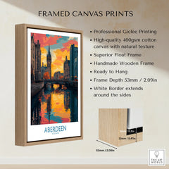 Framed Aberdeen Scotland travel poster print with canal, sunset sky, and wooden float frame for wall art decor