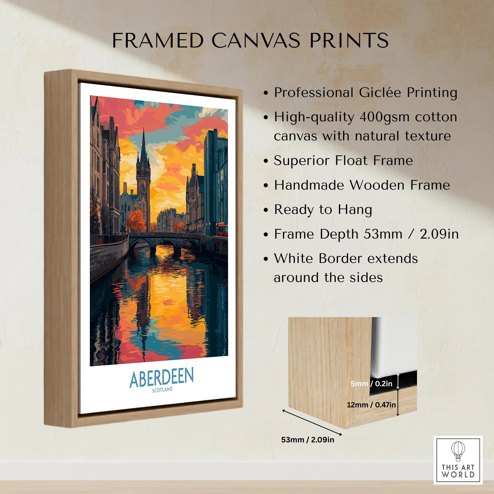 Framed Aberdeen Scotland travel poster print with canal, sunset sky, and wooden float frame for wall art decor