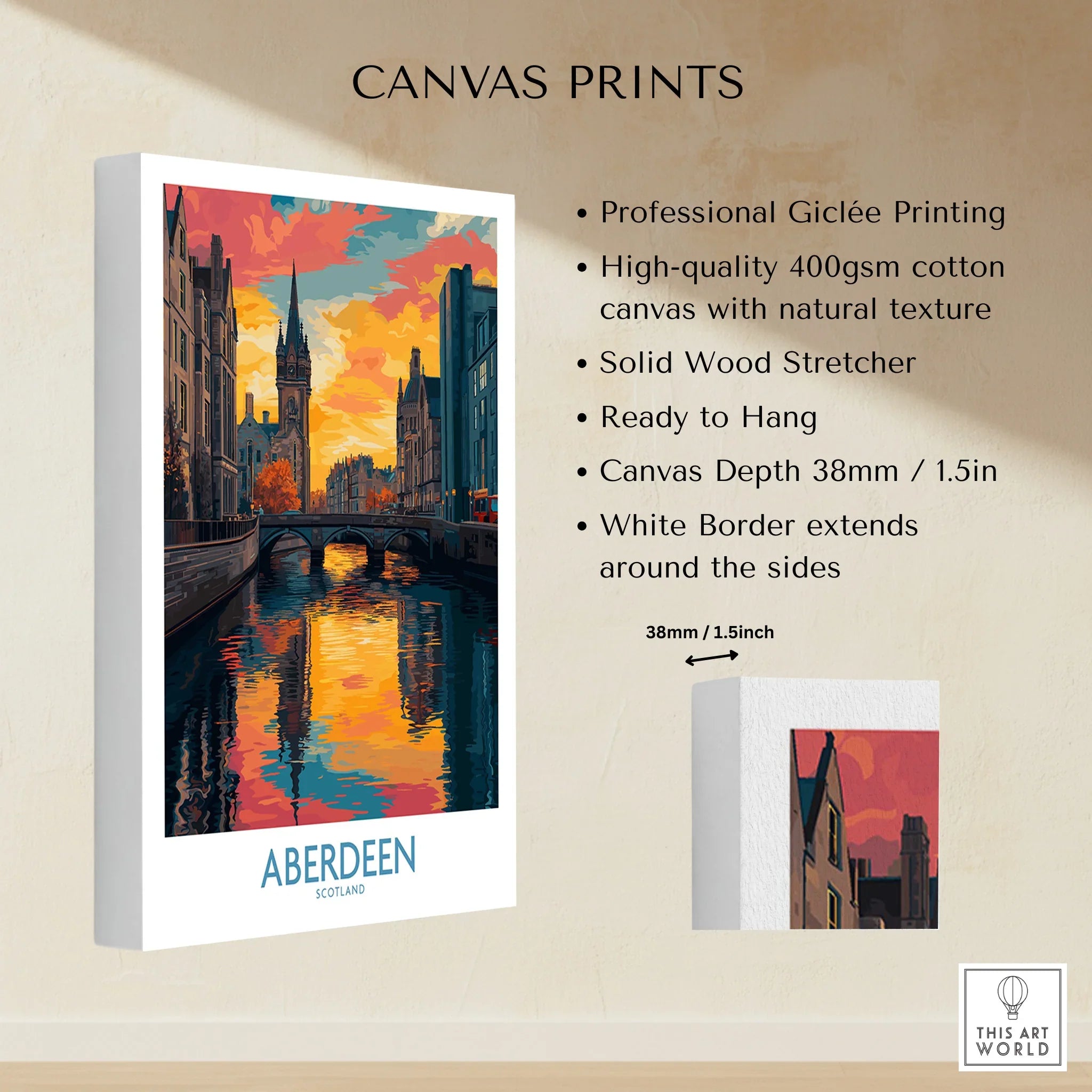 Aberdeen Scotland travel poster canvas print with vibrant sunset cityscape, ready to hang wall art