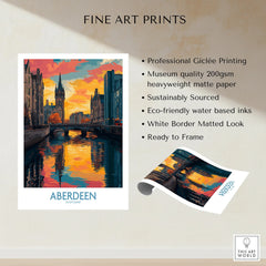 Aberdeen Scotland travel poster with sunset cityscape, canal, and bridge — fine art print ready to frame