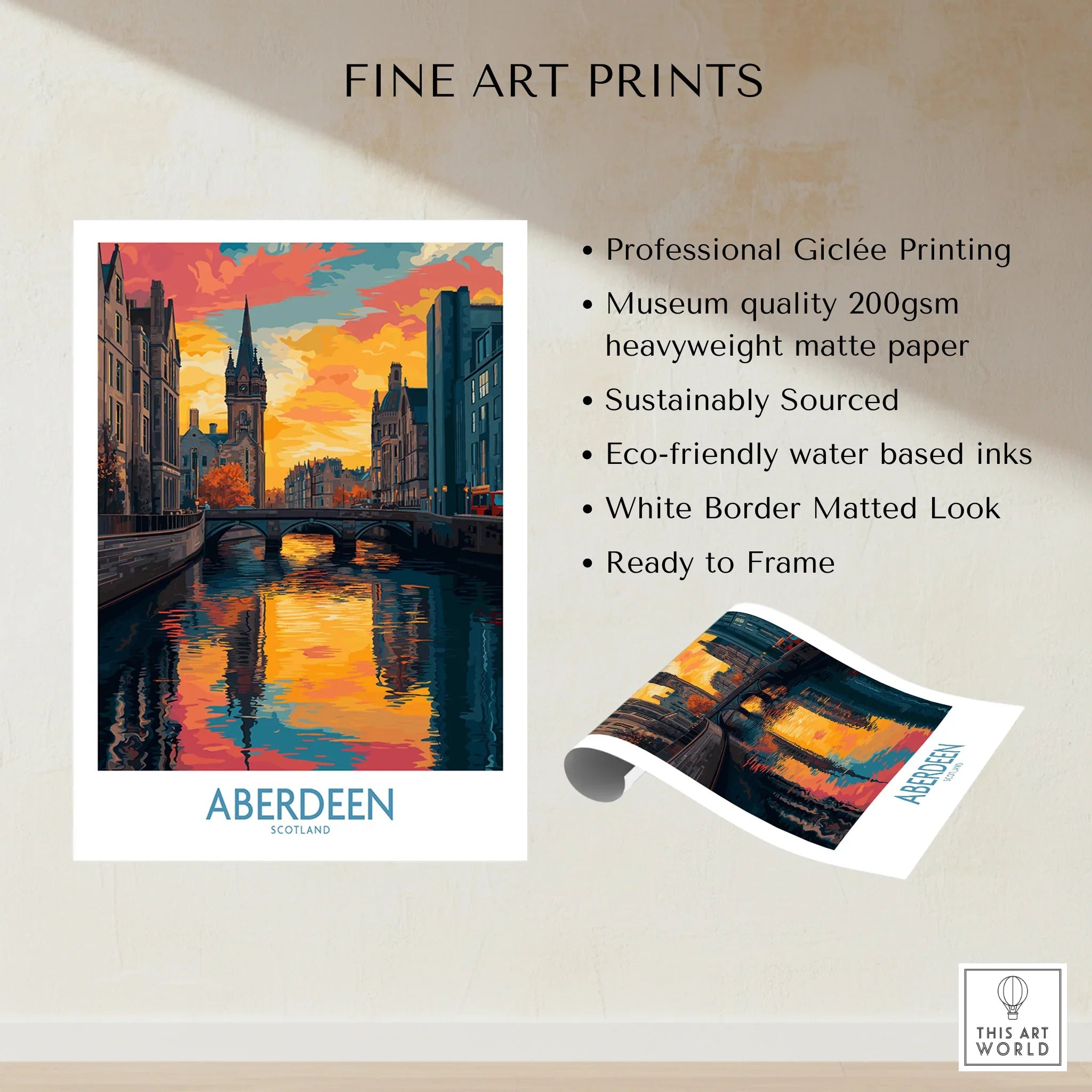 Aberdeen Scotland travel poster with sunset cityscape, canal, and bridge — fine art print ready to frame