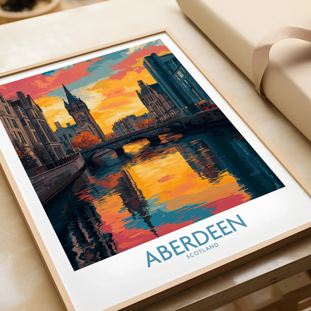 Aberdeen Scotland travel poster with sunset city skyline, river reflections, and bridge — perfect wall art decor.
