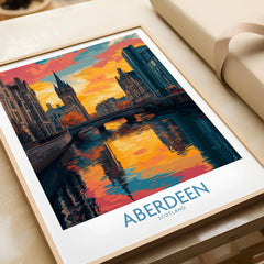 Aberdeen Scotland travel poster with sunset city skyline, river reflections, and bridge — perfect wall art decor.