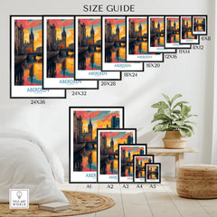 Aberdeen Scotland cityscape wall art in multiple sizes, perfect for home decor with vibrant sunset reflections.
